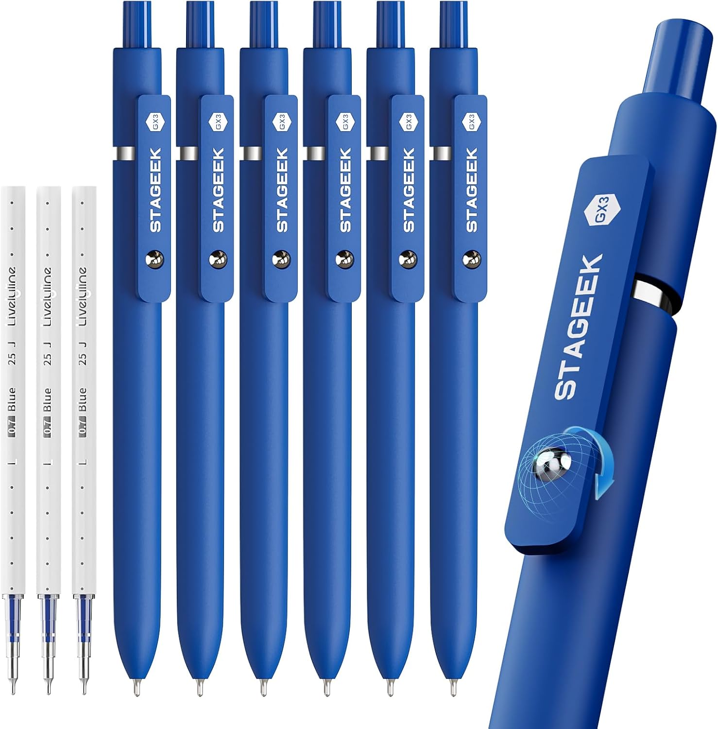 Detalle de STAGEEK Blue Gel Pens: 6‑Pack Fine Point with Extra Refills for Journaling and Notes
