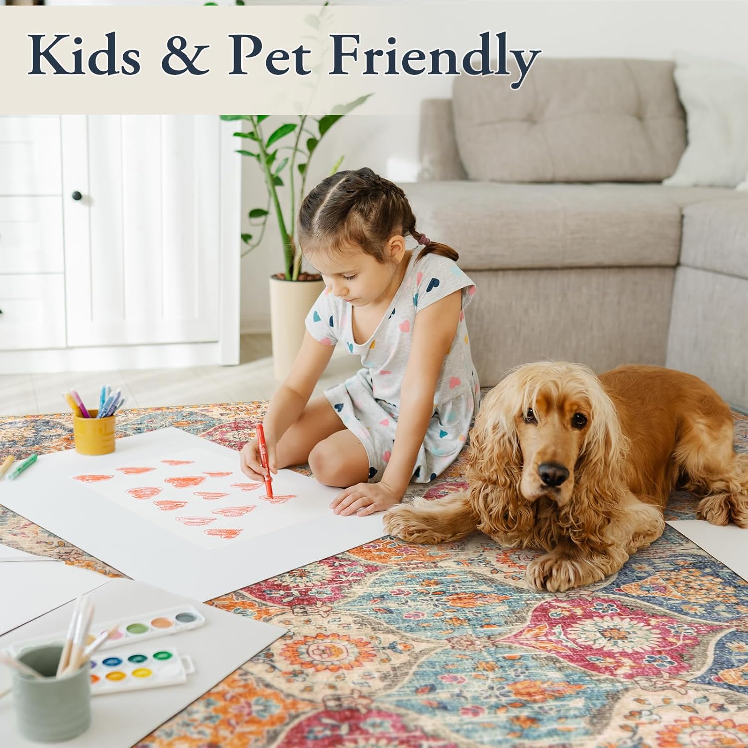 Thumbnail 1 de Lahome Moroccan Trellis Washable Area Rug (5x7) — Cream/Multi, low-pile non-slip indoor rug