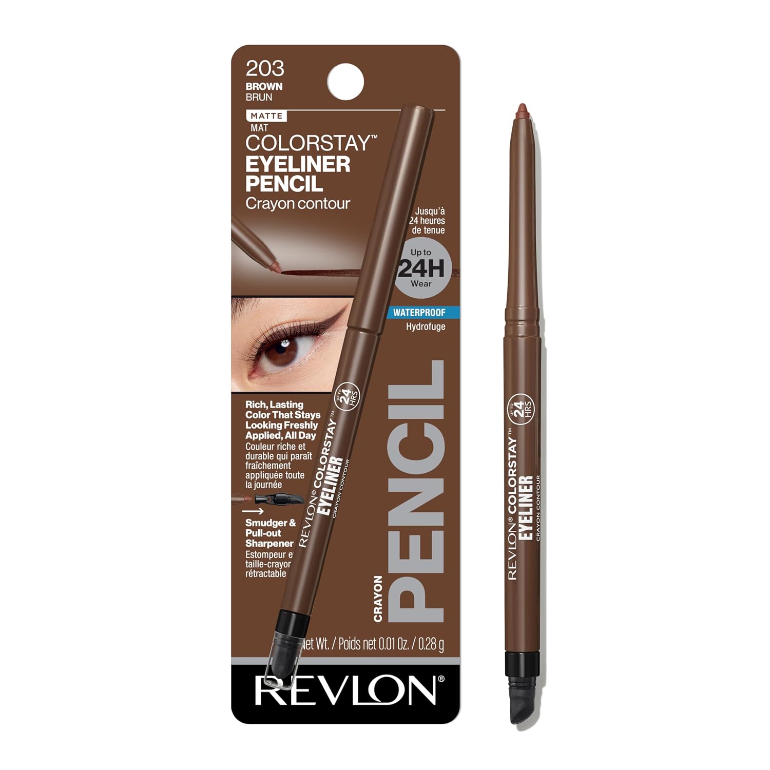 Detalle de Revlon ColorStay Waterproof Pencil Eyeliner, 203 Brown, Built-In Sharpener