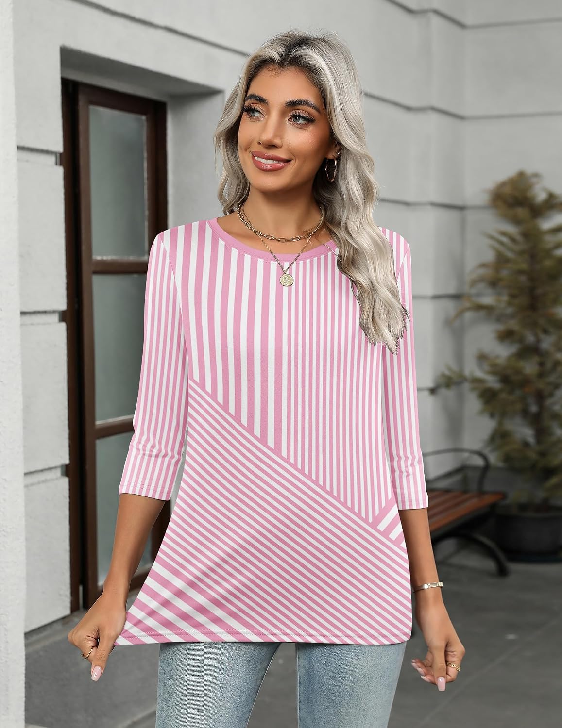 Detalle de Zeagoo Women's 3/4-Sleeve Tunic Top, Round Neck, Stretchy Polyester Blend