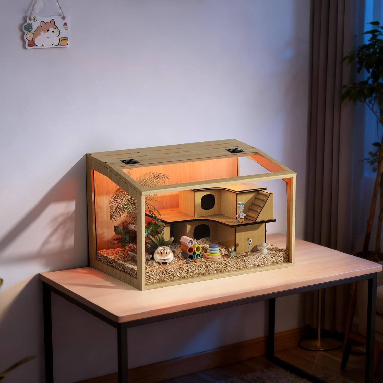 Detalle de BingoPaw Wooden Hamster Cage (Openable Top with Tempered Glass) with Built-in LED Light – 60 x 40 x 40cm