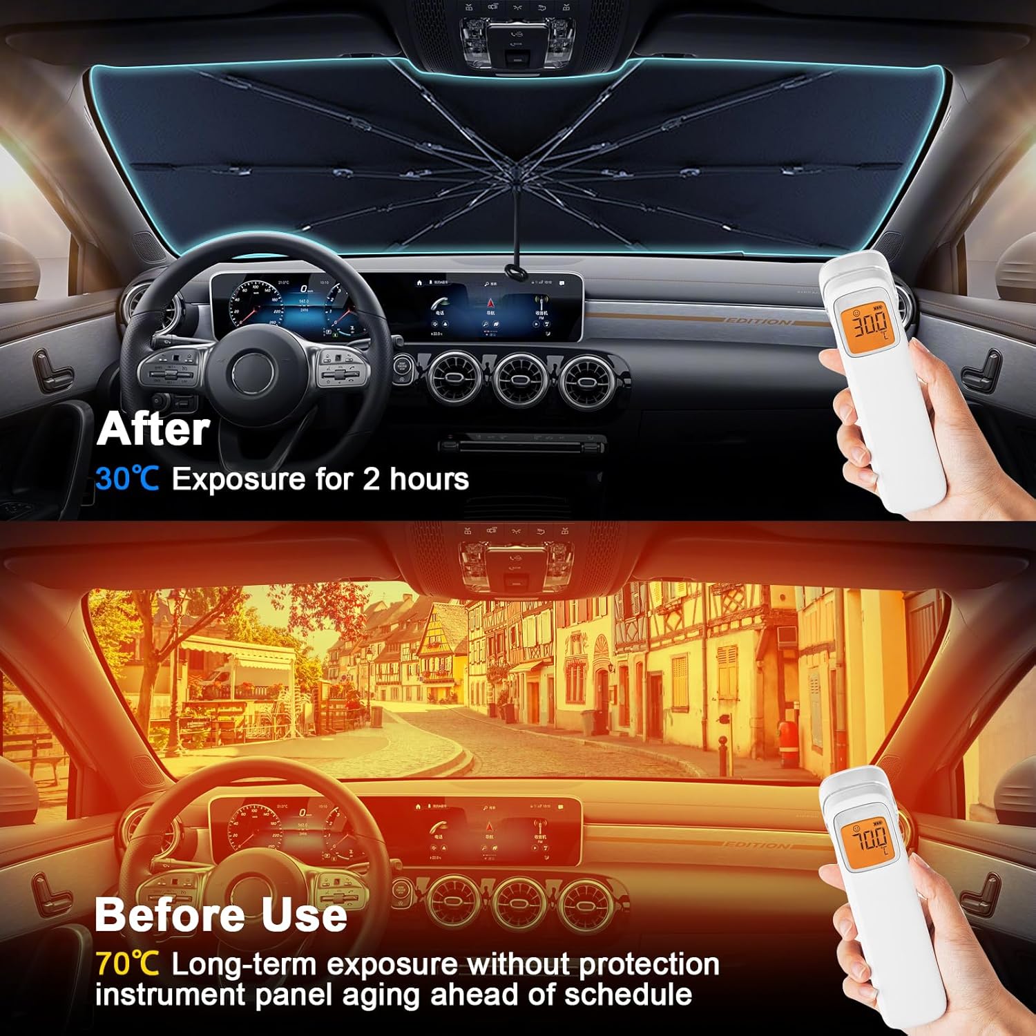 Thumbnail 1 de Oziral Parasole Auto Parabrezza Anteriore con Angoli in Pelle e 8 Stecche — Protezione UV e anti graffi per SUV e veicoli