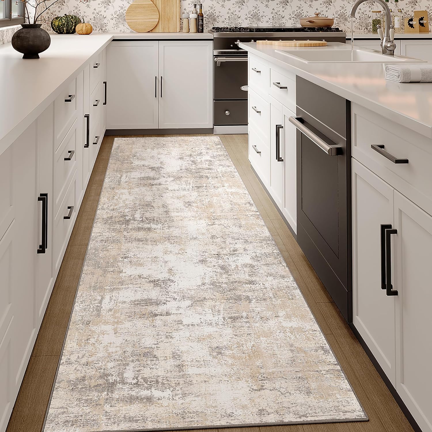 Detalle de HUGEAR waschbarer Läufer Teppich für den Flur 60 x 240 cm Beige-Grau – kurzflorig, rutschfest
