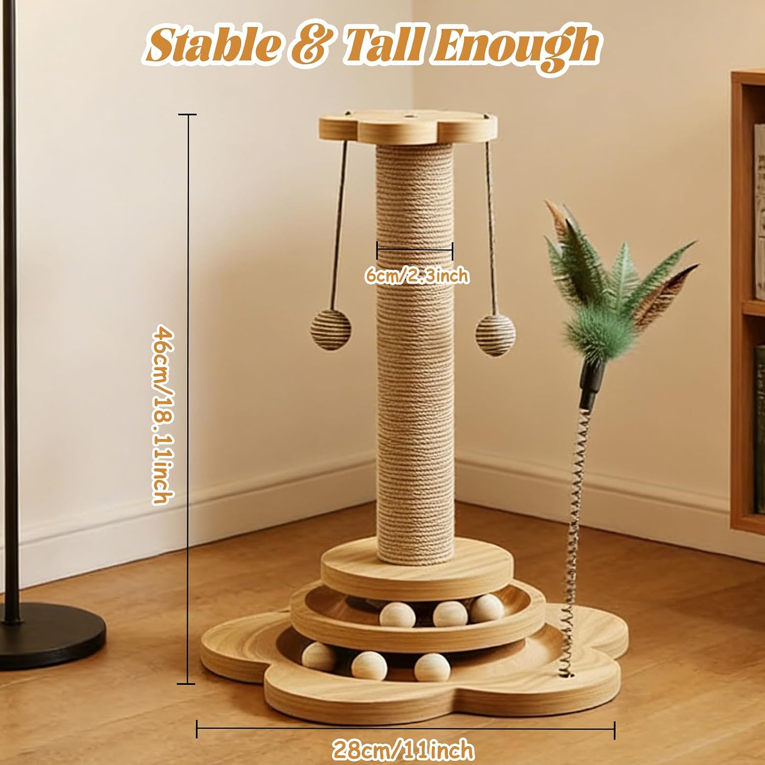 Detalle 2 de Cat Scratching Post with Sisal Rope – Interactive 46cm Wood Base Cat Toy