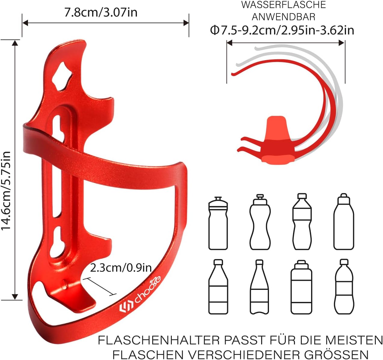 Detalle de Chooee Fahrrad Flaschenhalter – seitlich einsetzbar, Aluminium, Rot
