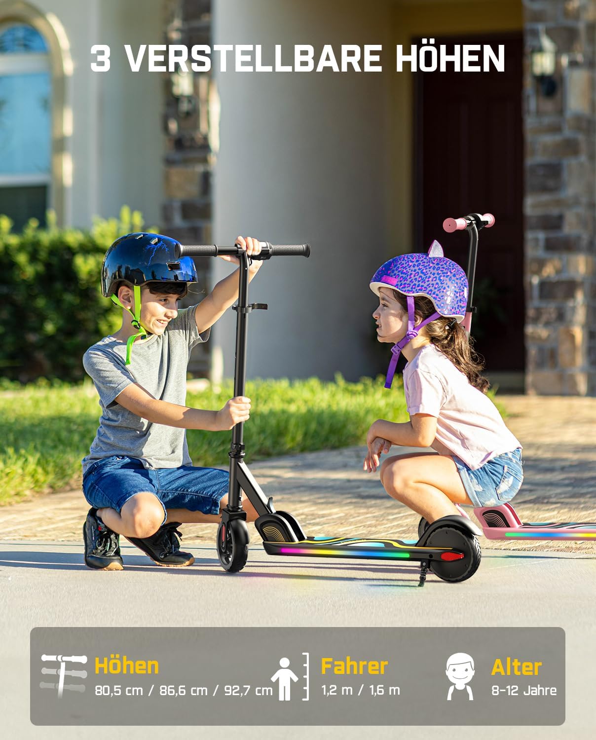 Detalle de FanttikRide C9 Pro Elektroroller für Kinder (8–12 Jahre) – 8/12/16 km/h, faltbar & mit Regenbogen-LEDs
