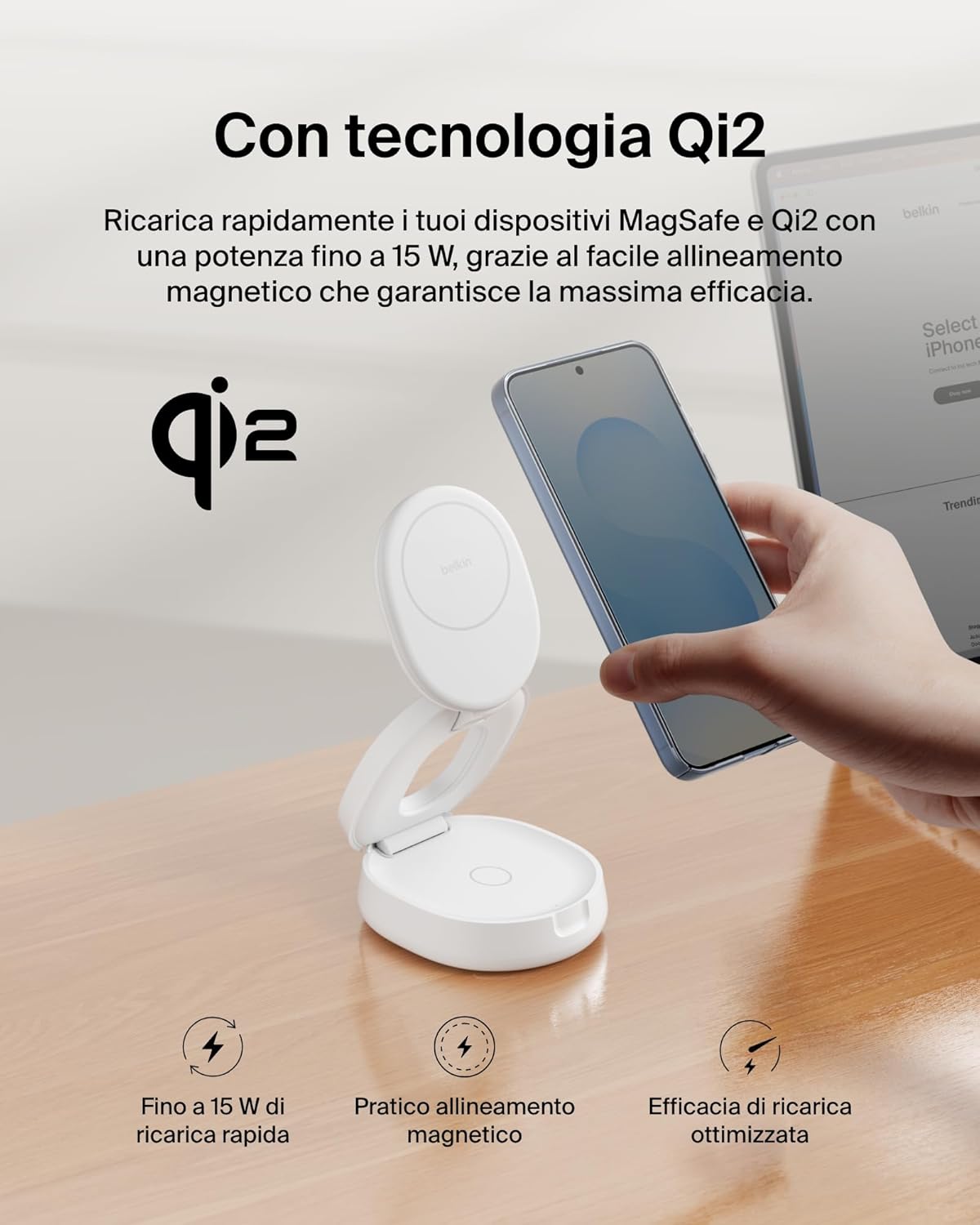Thumbnail 3 de Belkin 2 in 1 Caricatore Wireless: stazione MagSafe Qi2 15 W con supporto pieghevole da 30 W, bianco