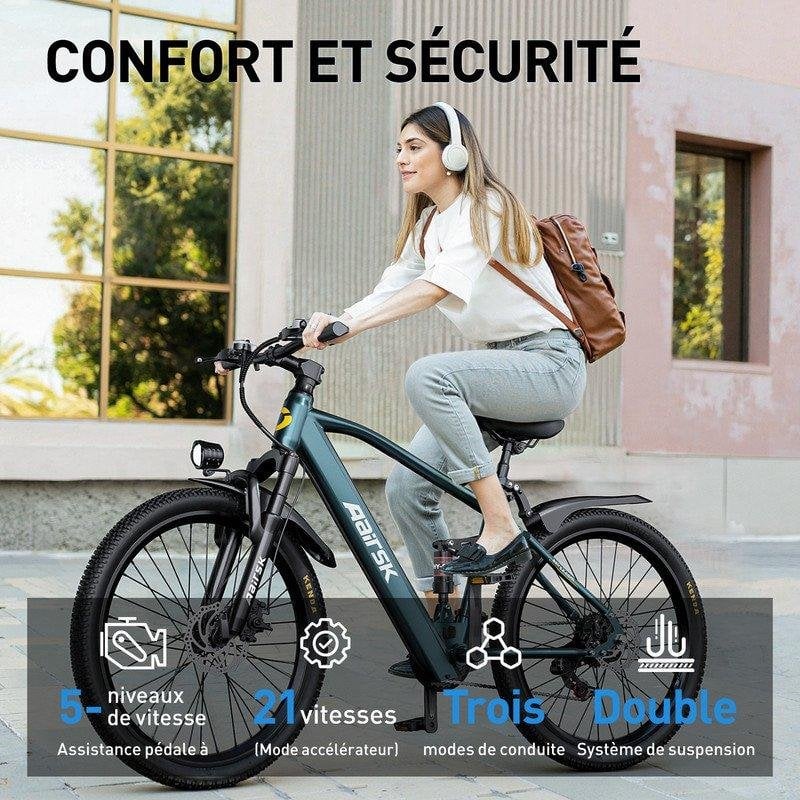 Detalle de Bicicleta Eléctrica Aairsk 26'' 250W Azul – 21 velocidades, batería 36V 13Ah