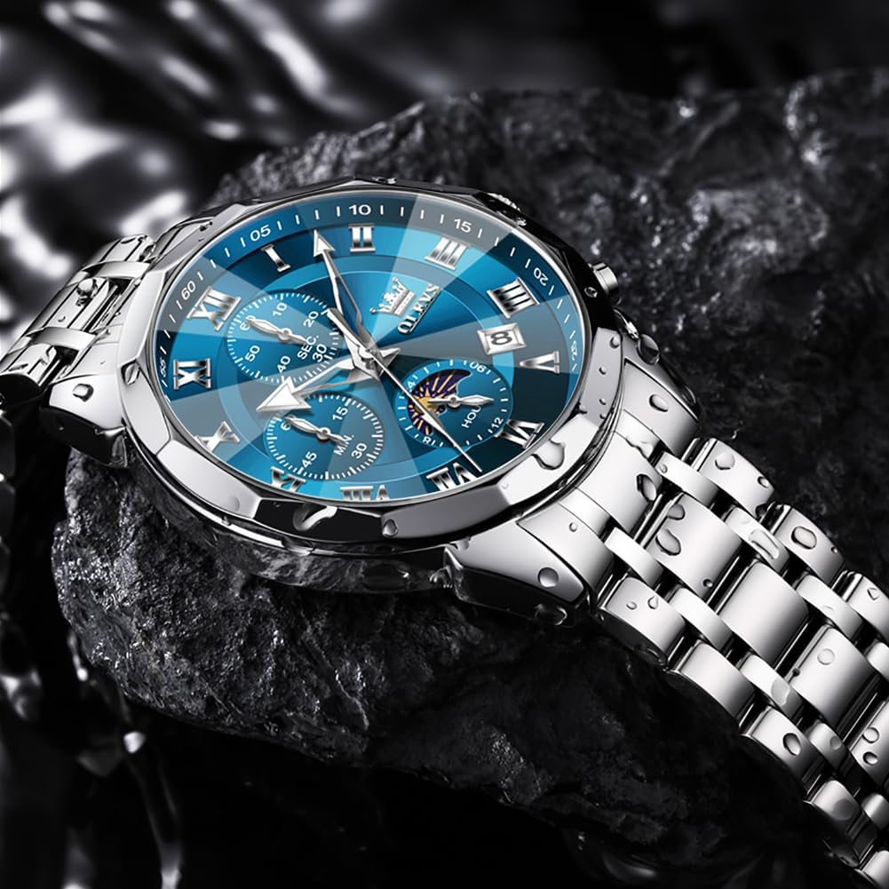Thumbnail 1 de OLEVS Herren Uhr Quarz Luxus – Multifunktion Chronograph Mondphase, Edelstahl, 3 ATM