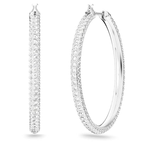 Detalle de Swarovski Stone Hoop Earrings, White, Rhodium Plated