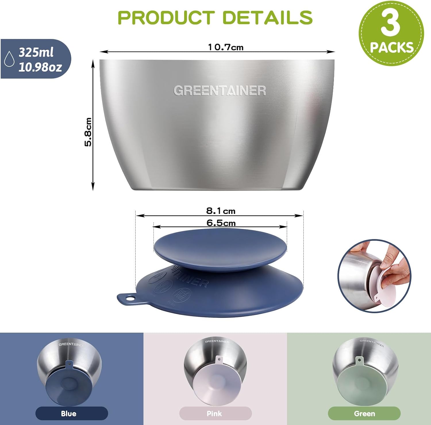 Detalle de Greentainer T0801-MIX Stainless Steel Baby Bowls with Silicone Suction Bases
