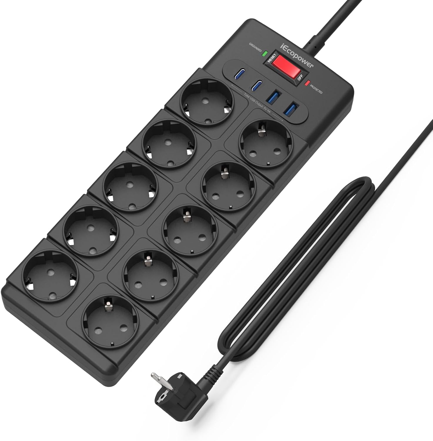 Detalle de IECOPOWER PT1020-5M stekkerdoos met 10 stopcontacten, USB-C PD 20 W en 5 m kabel