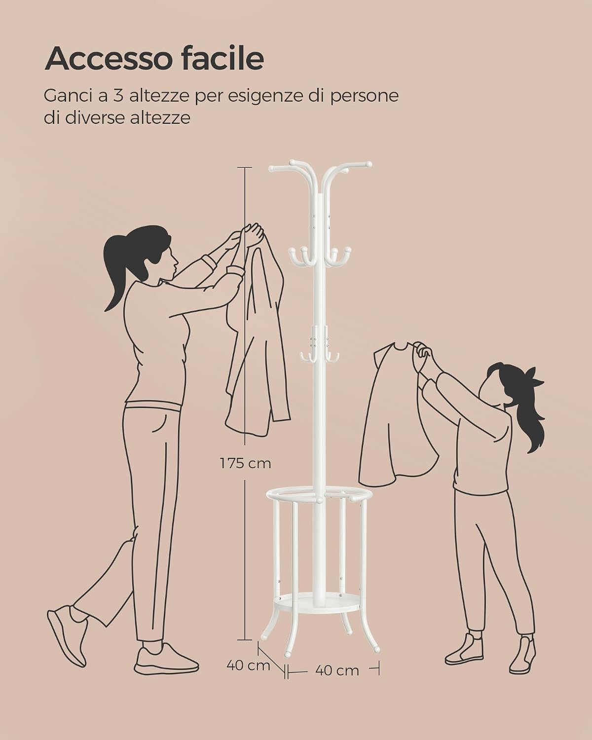 Detalle 2 de SONGMICS Appendiabiti da terra con portaombrelli e 12 ganci RCR011W01, altezza 175 cm, bianco perla