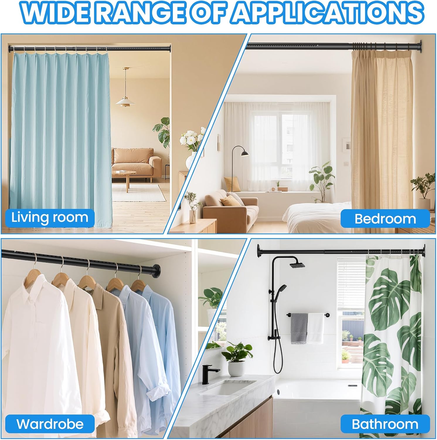 Detalle de WELDUN Extendable Curtain Poles 98-200cm: Black Telescopic Tension Rod, 32mm Ø with 2 Wall Bases
