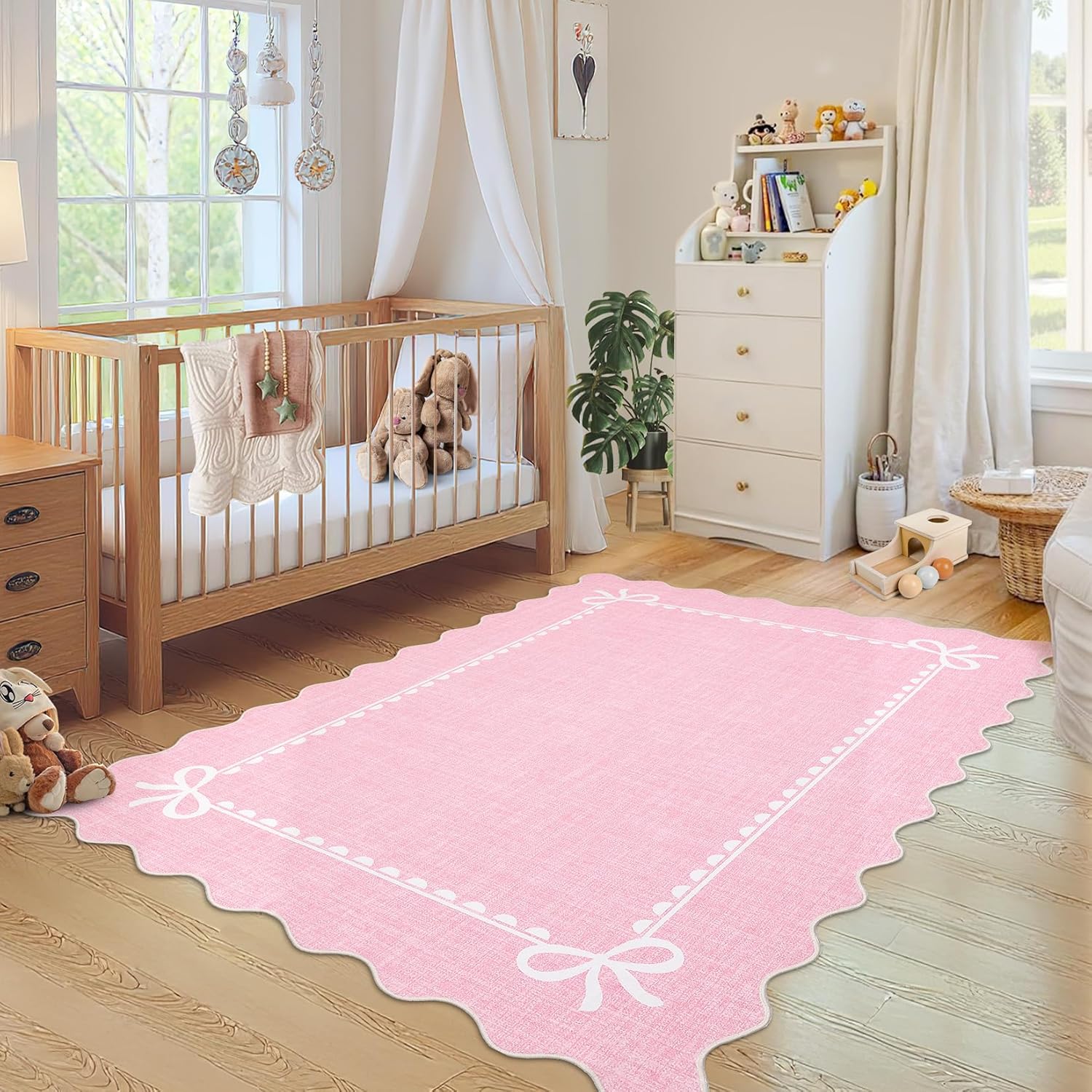Thumbnail 2 de GarveeHome Scalloped Bow Rug 8x10 in Soft Pink — Non-Slip, Washable for Living Room, Nursery, and Dorm