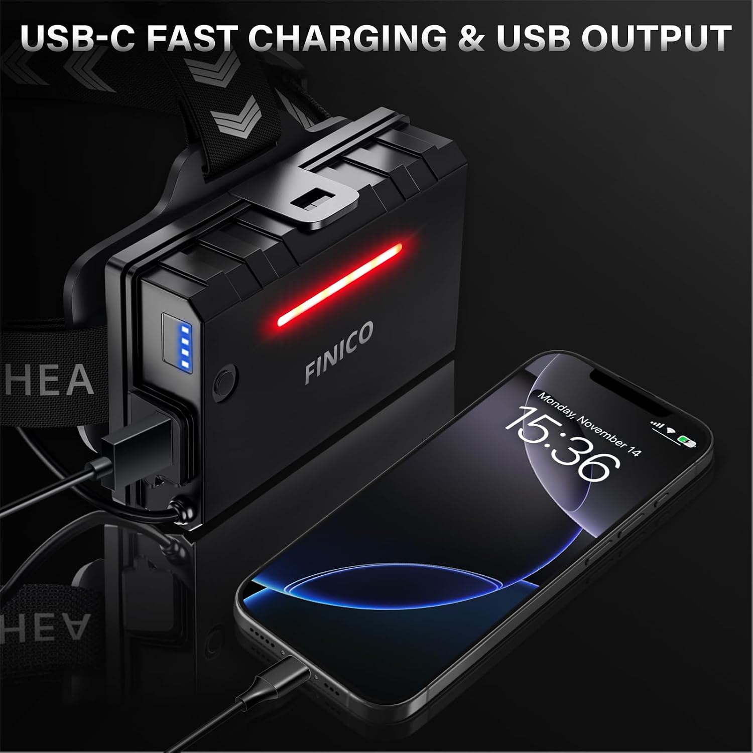 Detalle de FINICO AK-SR99800-G1 Rechargeable LED Headlamp, USB-C, IPX7, 12 Modes