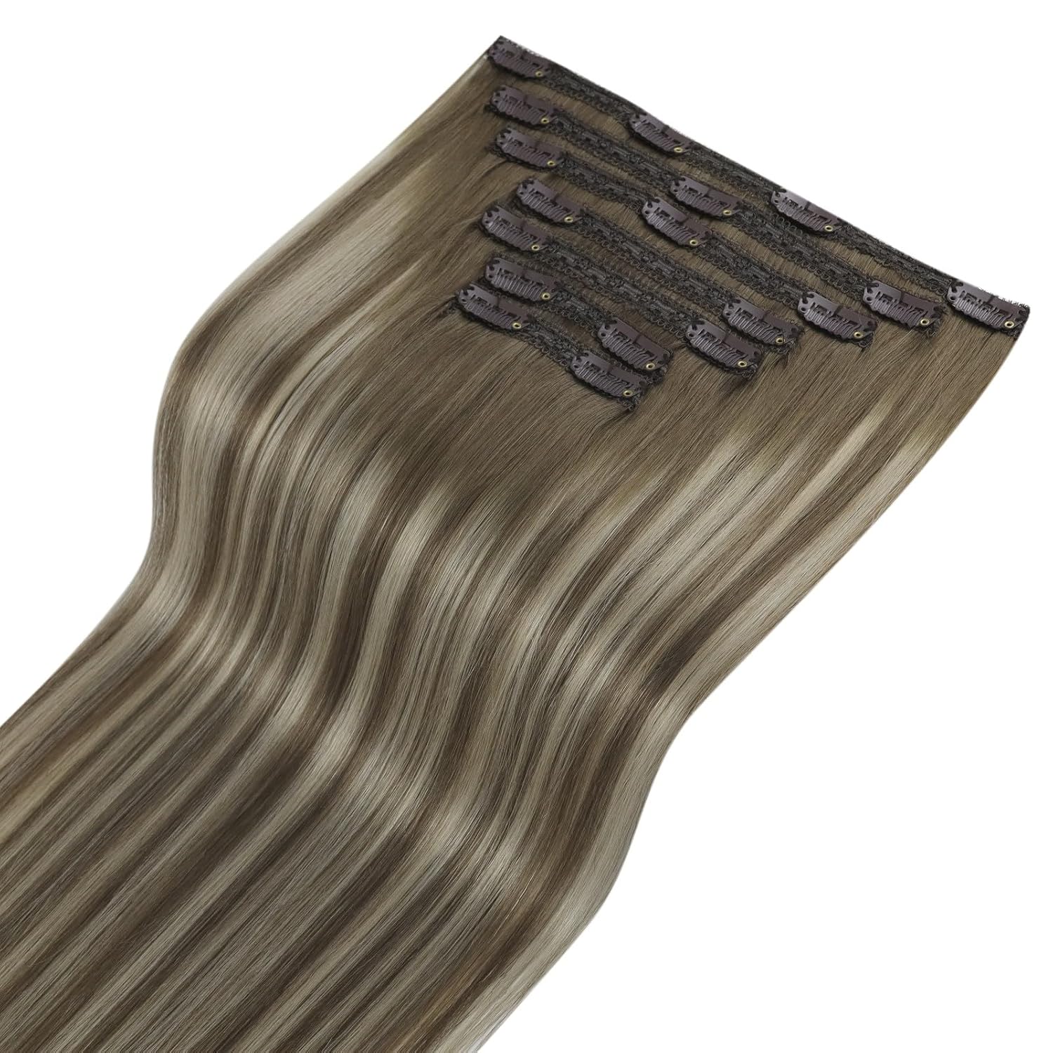 Detalle 2 de Fshine Clip-in Echthaar Extensions 45 cm, 120 g – Balayage Mittelbraun bis Hellblond, 7 Stück