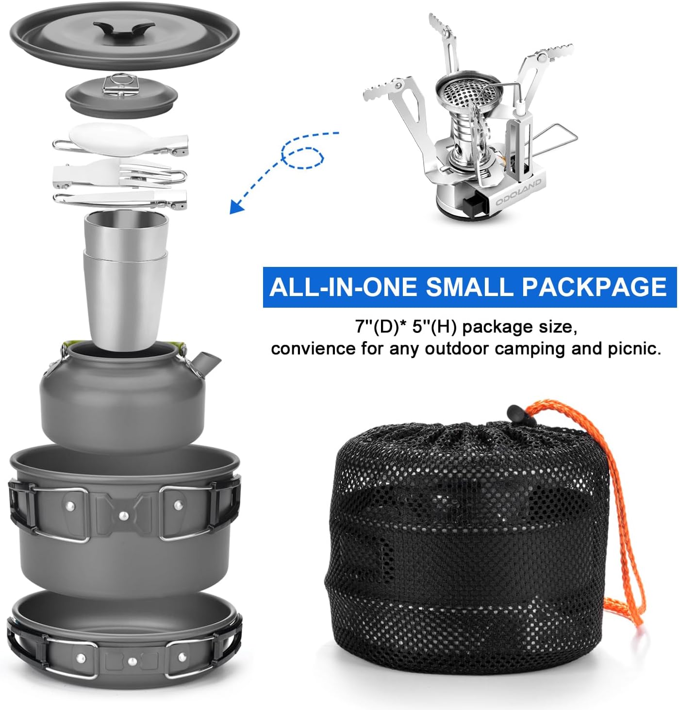 Detalle 2 de Odoland Geschirr-Set für 1-2 Personen – Camping Kocher-Set aus Edelstahl/Aluminium, tragbar