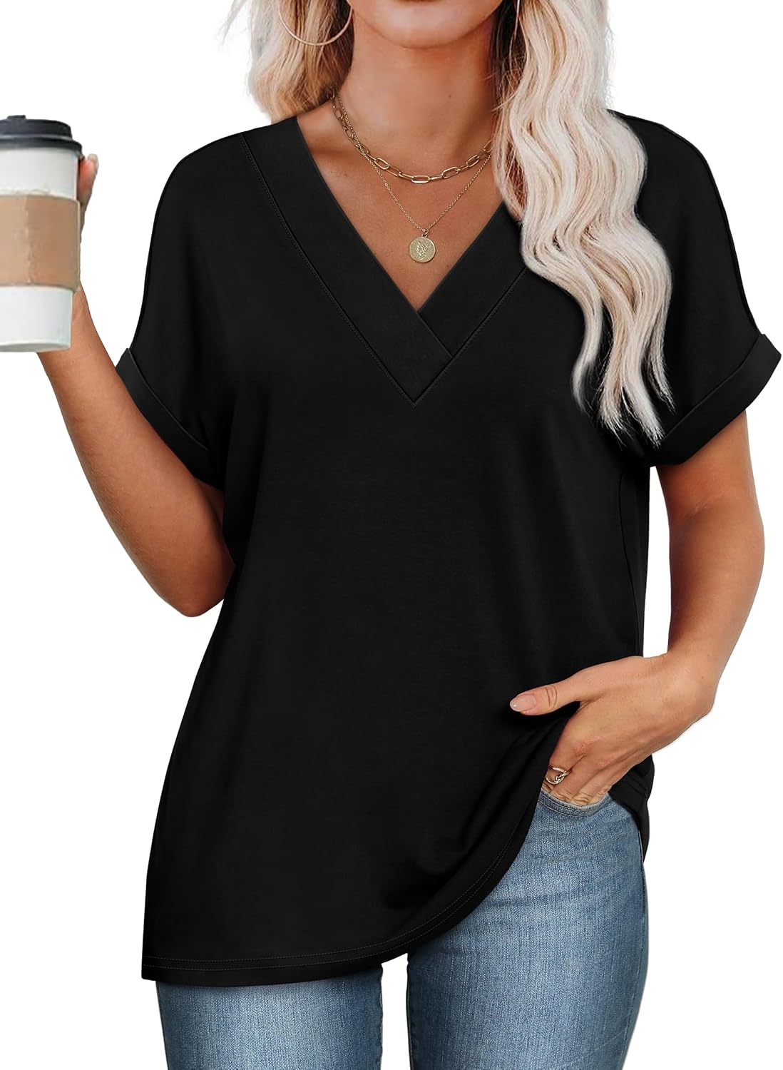 Detalle de WIHOLL Women's Summer Tops: Short Dolman Sleeve V-Neck Tee (2026)