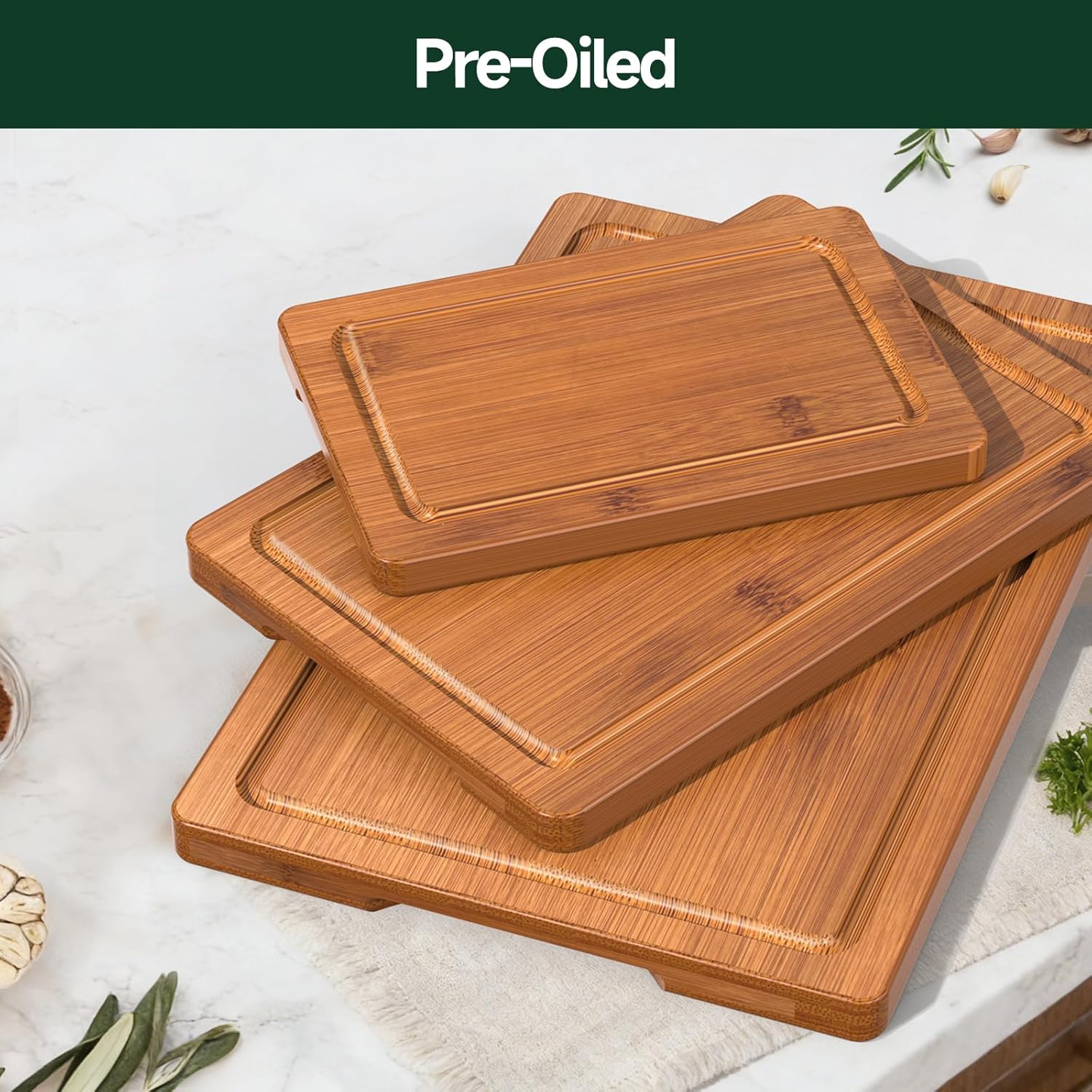 Thumbnail 5 de Zeawec 3-Piece Bamboo Cutting Board Set with Deep Juice Grooves (Carbonized)