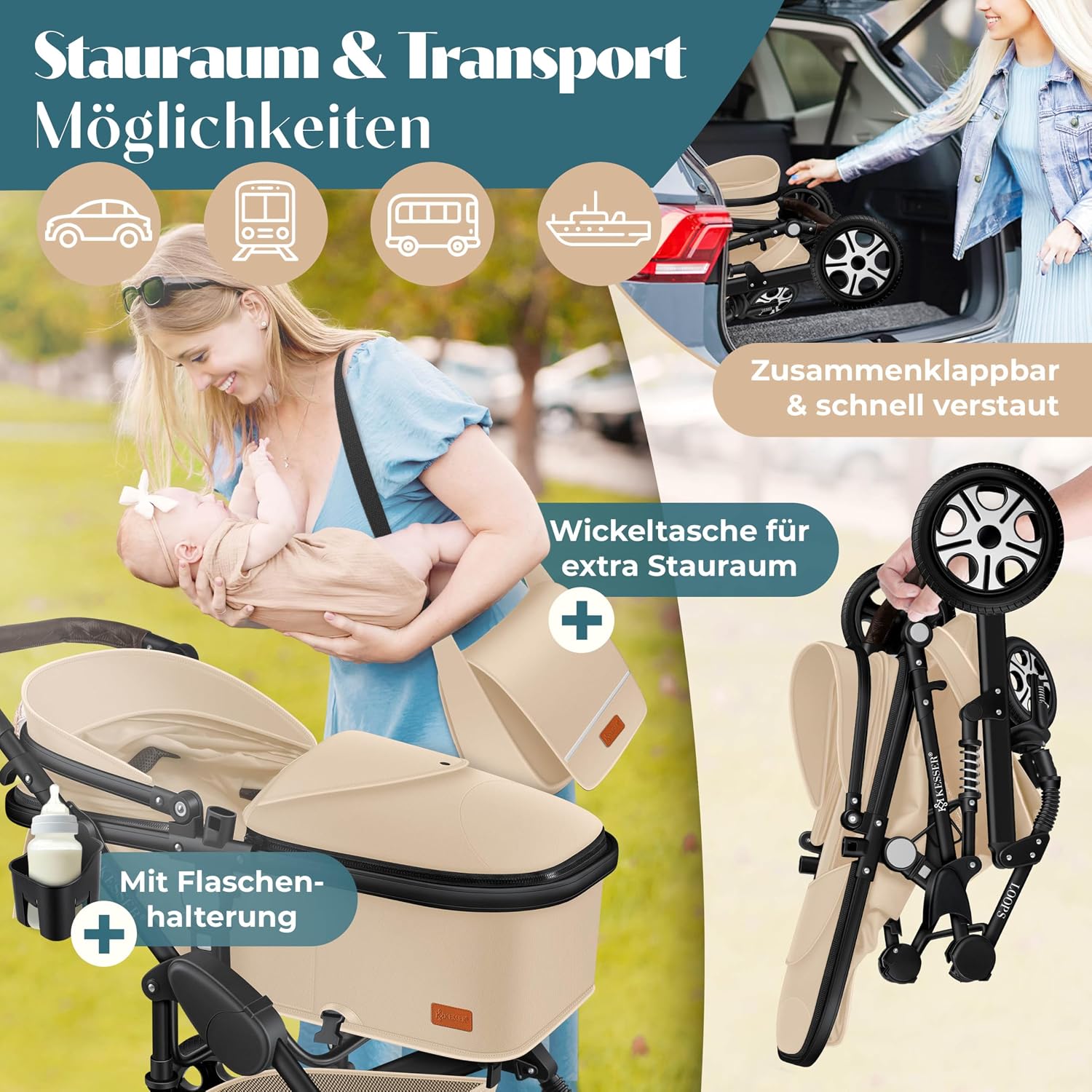Thumbnail 6 de KESSER Loops 4-in-1 Kombikinderwagen Set inkl. Babywanne, Sportsitz, Babyschale, Wickeltasche & mehr – Beige/Schwarz