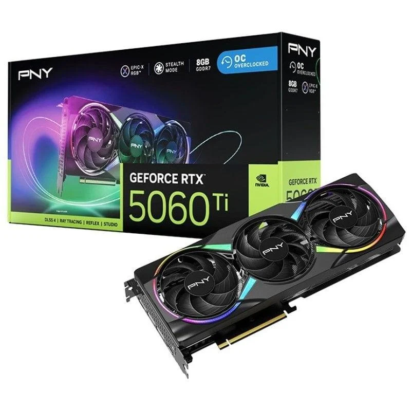Detalle de PNY GeForce RTX 5060 Ti EPIC-X RGB Overclocked 8GB GDDR7 Reflex – rendimiento futuro