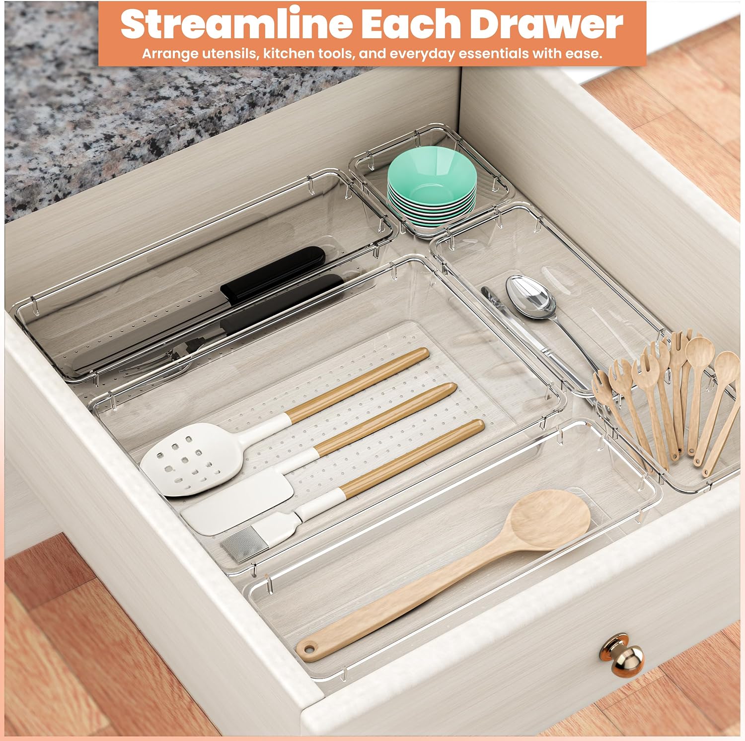 Detalle de KICHLY Drawer Organizer 25-Piece Clear Tray Set, Four Sizes