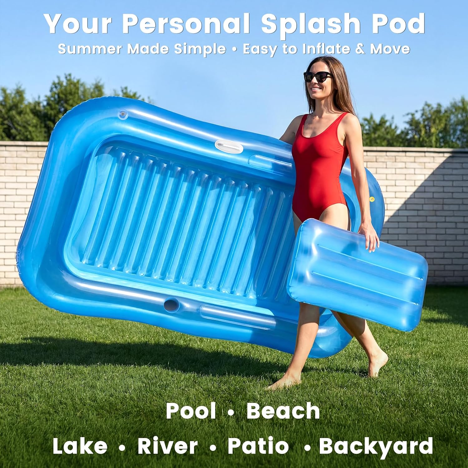 Thumbnail 6 de Inflatable Tanning Pool Lounger Float with Sprinkler — 77" x 48" XL for Adults