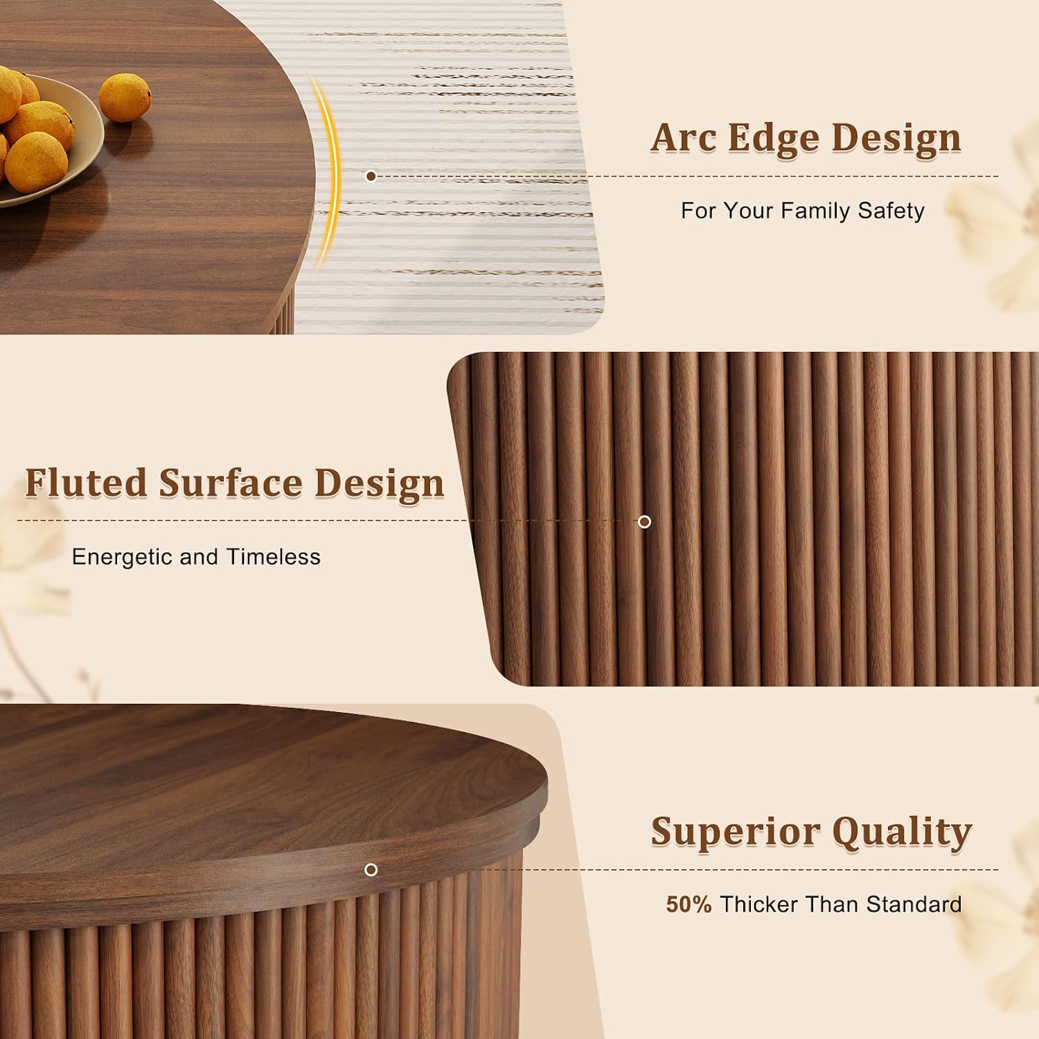 Detalle de LYNCOHOME LHCF172-WN Round Coffee Table, Walnut, Fluted Design with Hidden Storage