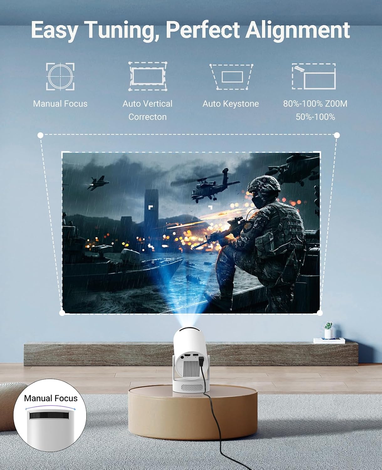 Detalle de HY300Ultra Mini Projector: Compact 4K-capable, WiFi 6 & Bluetooth, 210° Rotatable