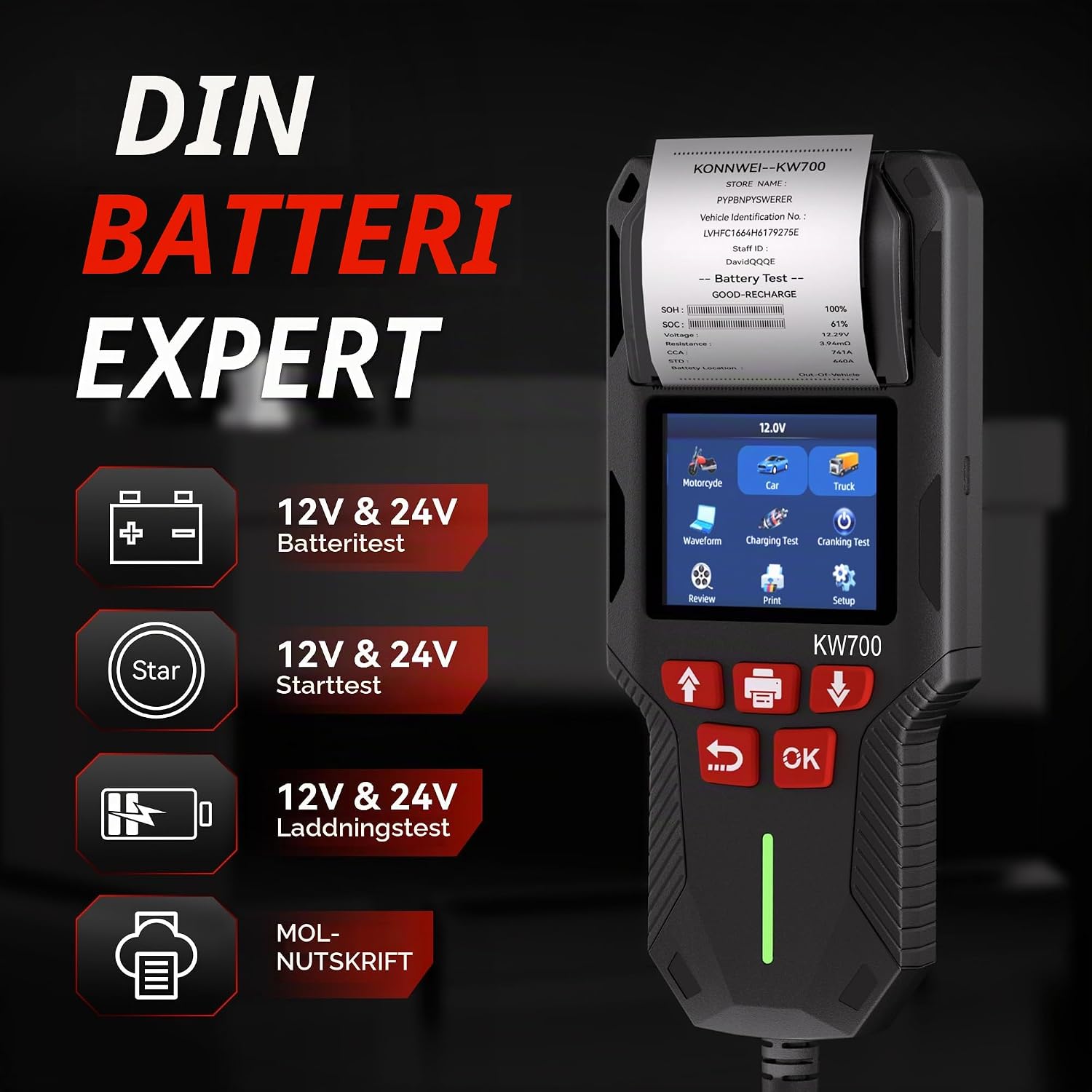 Thumbnail 1 de KONNWEI KW700 batteritestare med skrivare för 12/24 V, 10–2 000 CCA