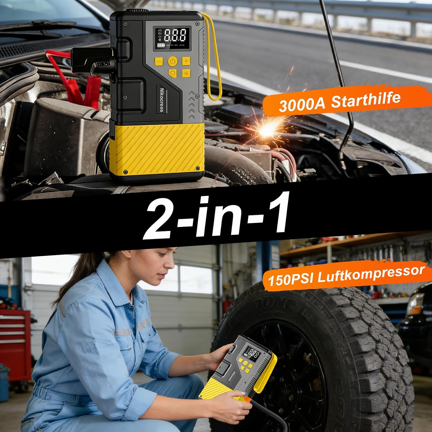 Detalle 2 de Starthilfe Powerbank Tragbarer Jump Starter mit Luftkompressor – 3000A, 150 PSI