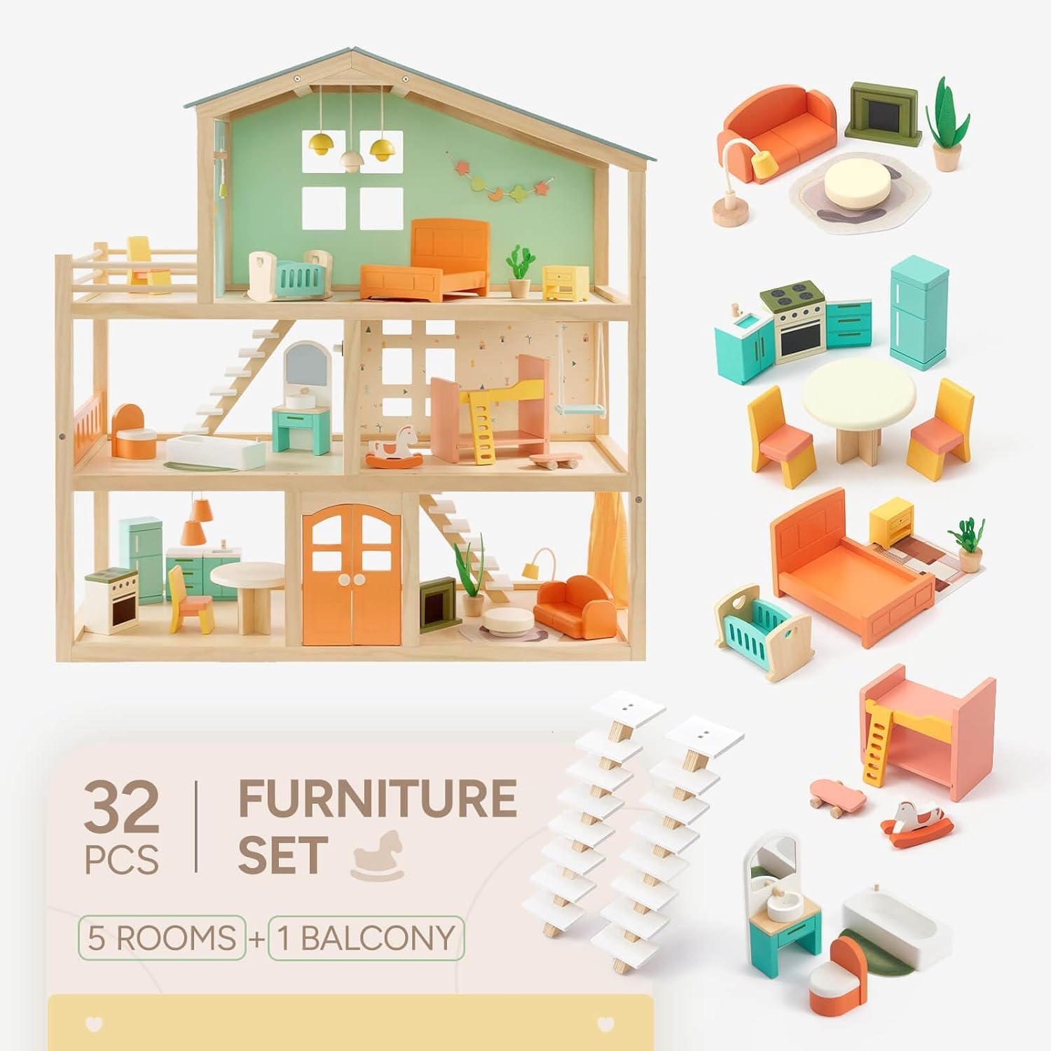 Detalle 2 de Giant bean Large Wooden Dollhouse with 32-Piece Furniture Set, 3-Story 5-Room Playhouse