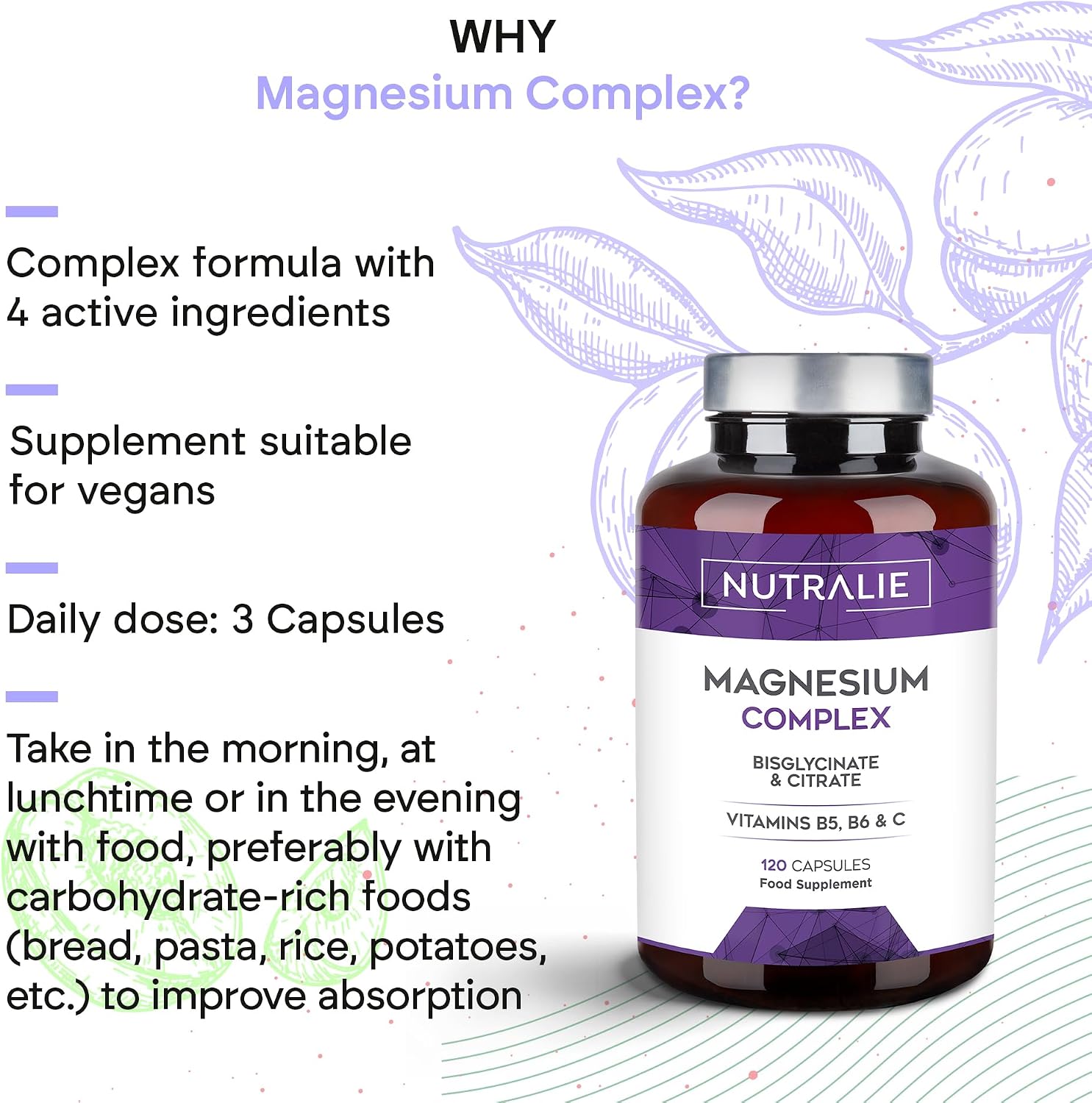 Detalle de Nutralie Magnesium Complex 2145mg Capsules with Bisglycinate, Citrate and Vitamins