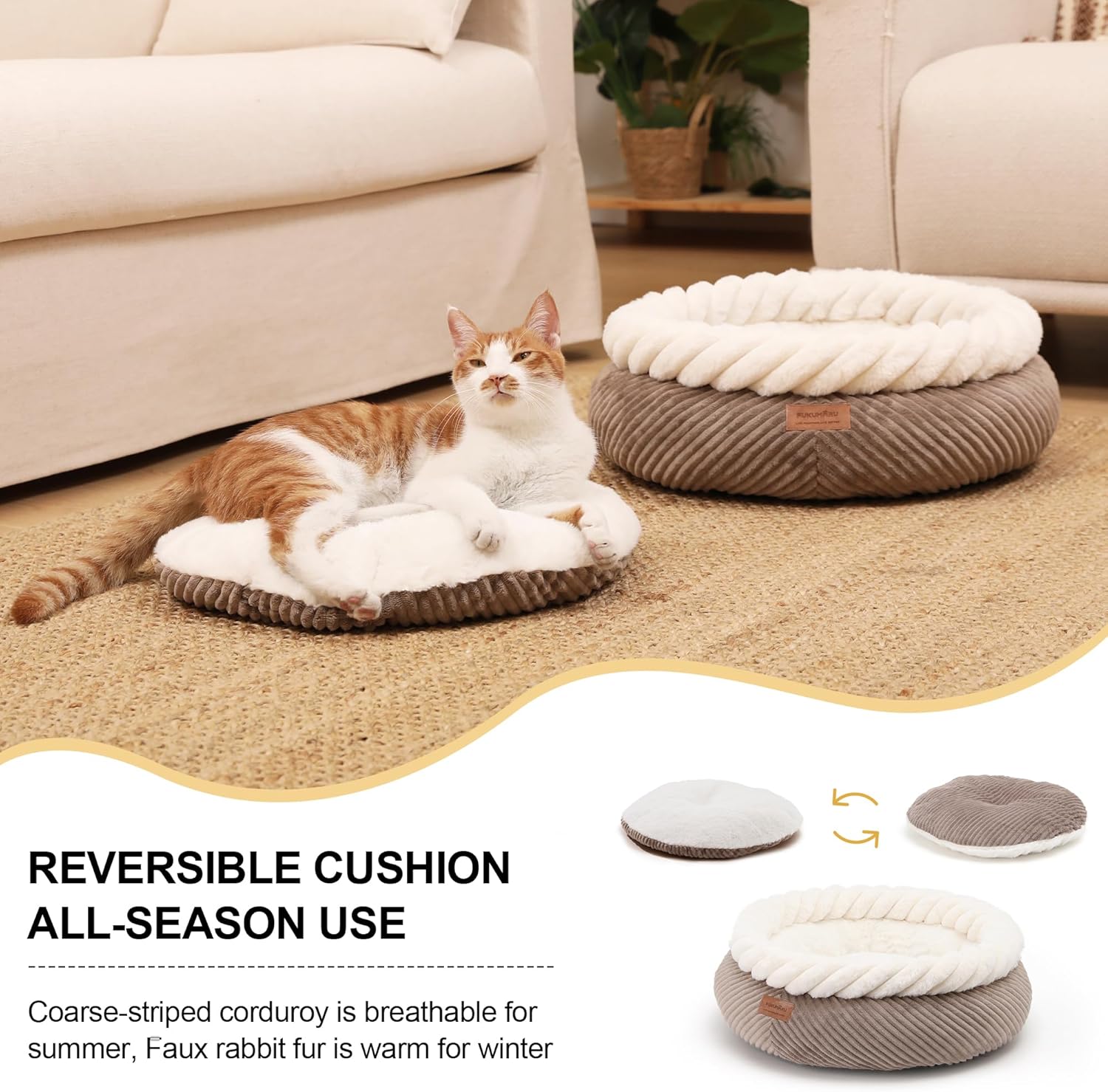 Detalle de FUKUMARU 53 cm Round Donut Cat Bed in Camel — Soft, Washable, Orthopaedic Support