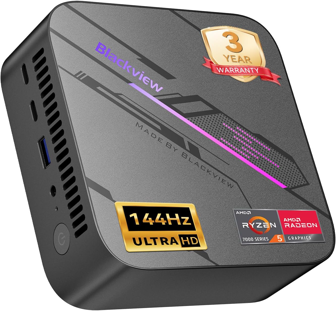 Detalle de Blackview MP100 Mini PC with Windows 11 Pro (3 Years Guarantee) – 16GB RAM, 512GB SSD, Ryzen 7 7430U, Triple 4K 144Hz Display