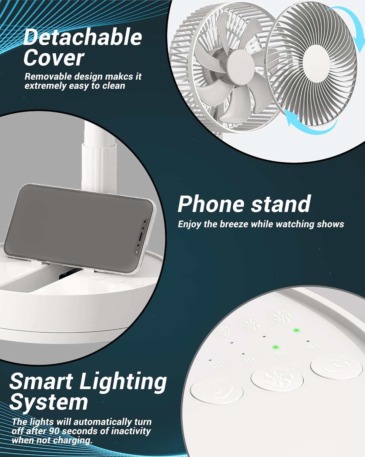 Detalle de KASYDoFF Desk Fan (8-inch) USB portable fan with 90° oscillation, timer and rechargeable 5400mAh battery