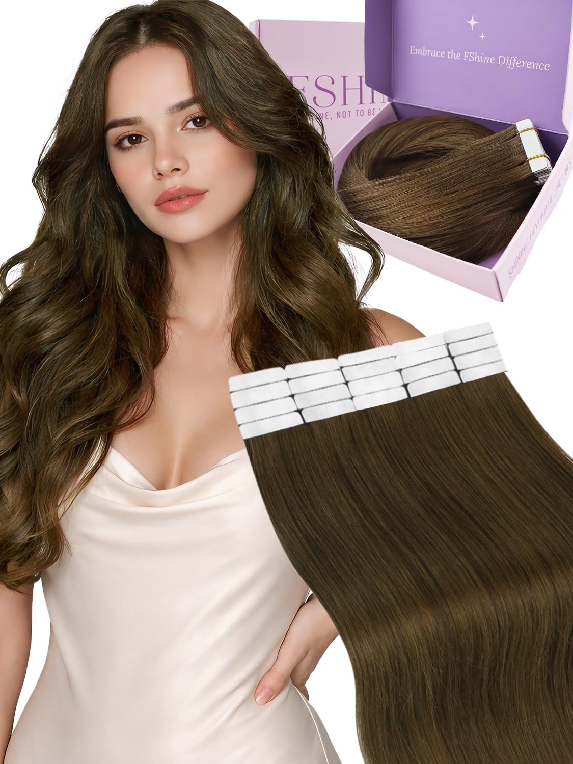 Detalle de Fshine Extensions Echthaar Tape in Mittelbraun (30 cm) – 20 Stück selbstklebende Tape-Extensions
