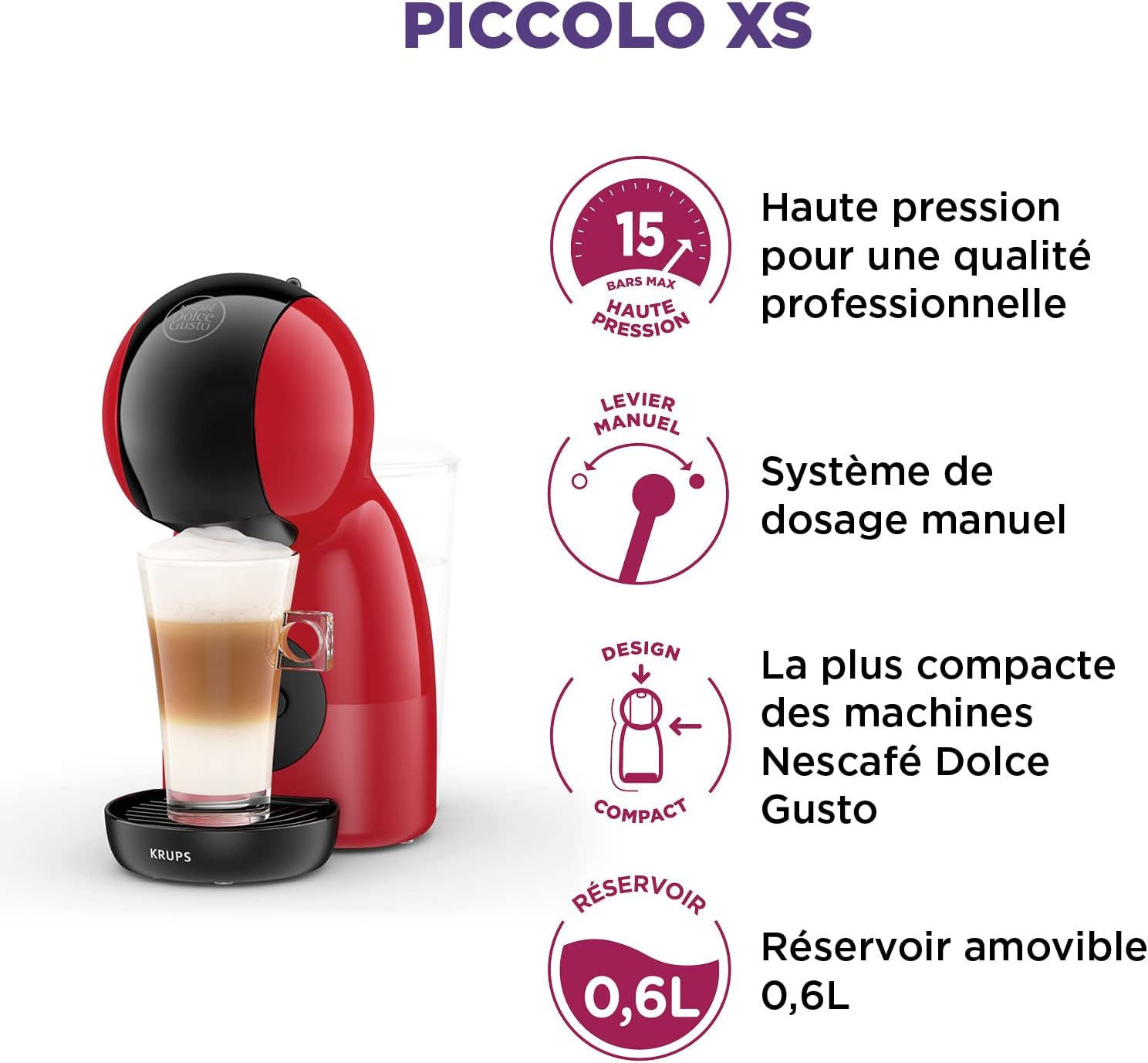 Thumbnail 2 de Nescafé Dolce Gusto Krups Piccolo XS Rouge KP1A3510 : machine à capsules compacte (15 bars) pour boissons froides ou chaudes