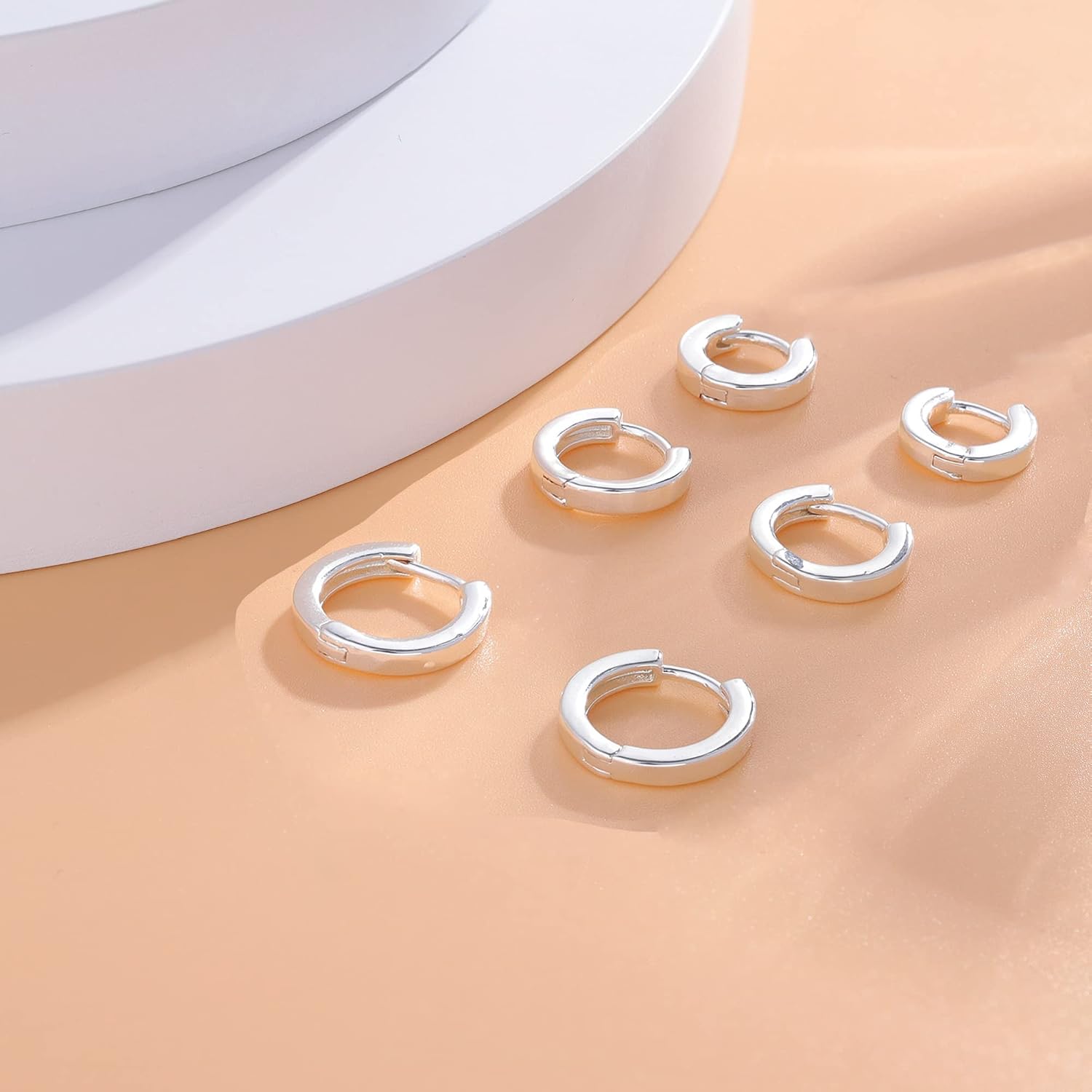 Detalle de 3 Pairs Sterling Silver Hoop Earrings for Women – S925 Huggie Hoops with Cubic Zirconia by PRETOLE