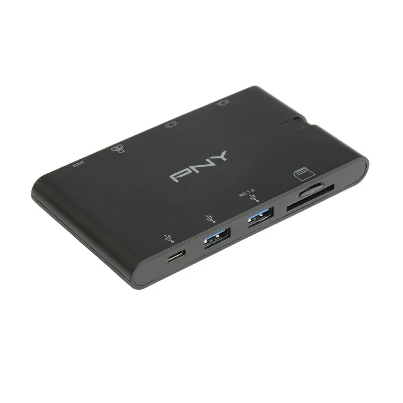 Detalle de PNY A-2UF-2TC-K01-RB Mini Dock: base USB‑C multifunción con HDMI, VGA, RJ-45 y carga PD 100W