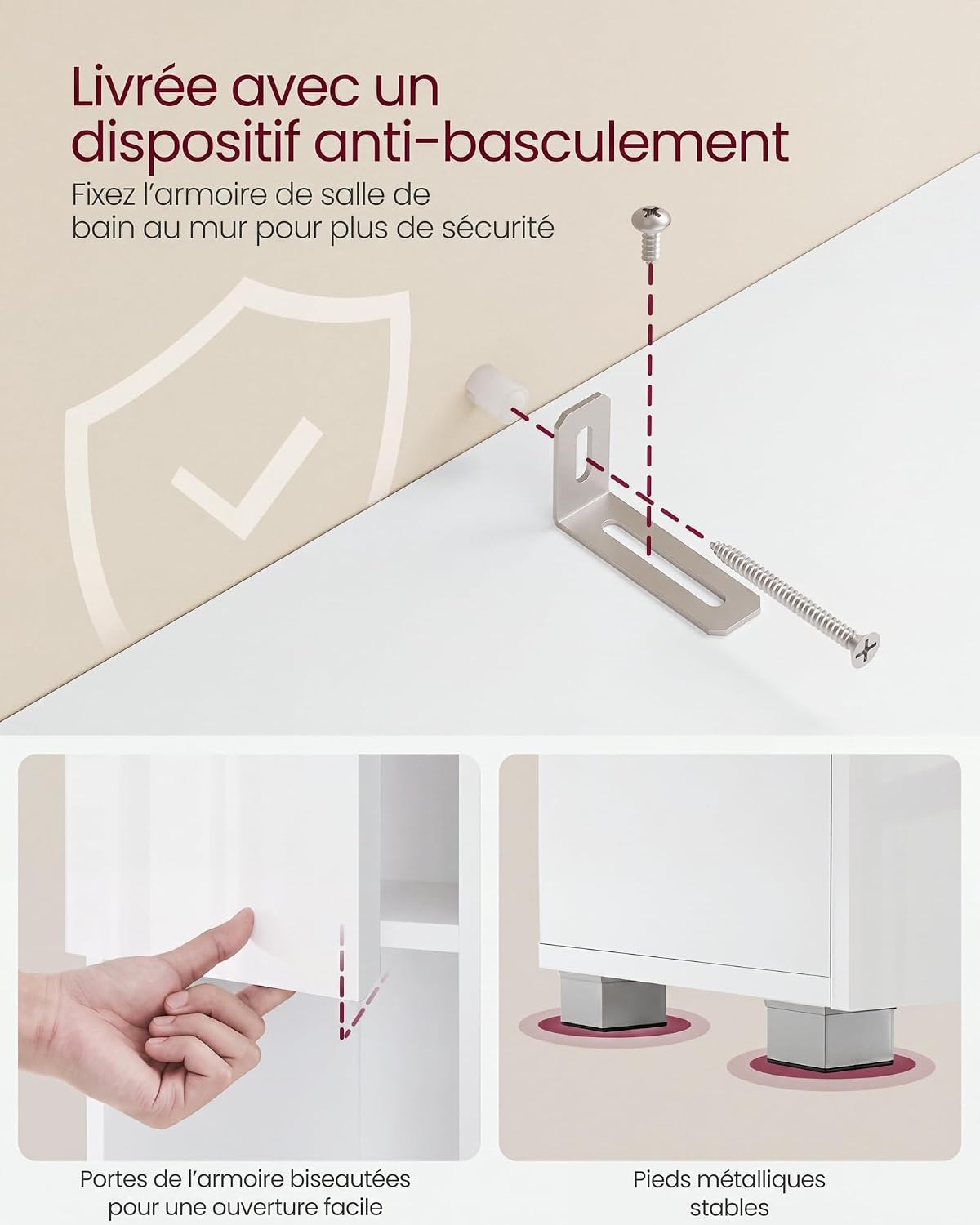 Detalle 2 de VASAGLE BBC560P31 badkamerkast met lade, verstelbare legplanken en open vak, klassiek wit