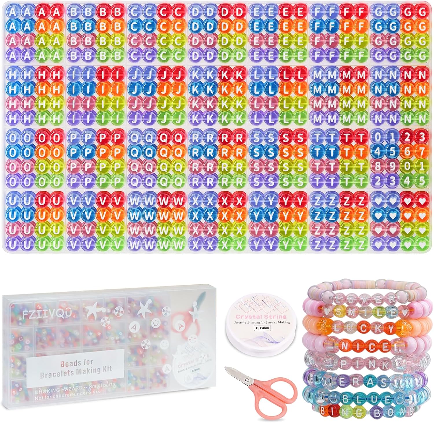 FZIIVQU Buchstaben Perlen Kit – 1450 Teile, Acryl 4x7 mm, DIY Freundschaftsarmbänder mit A–Z, Herz- und Smiley-Perlen
