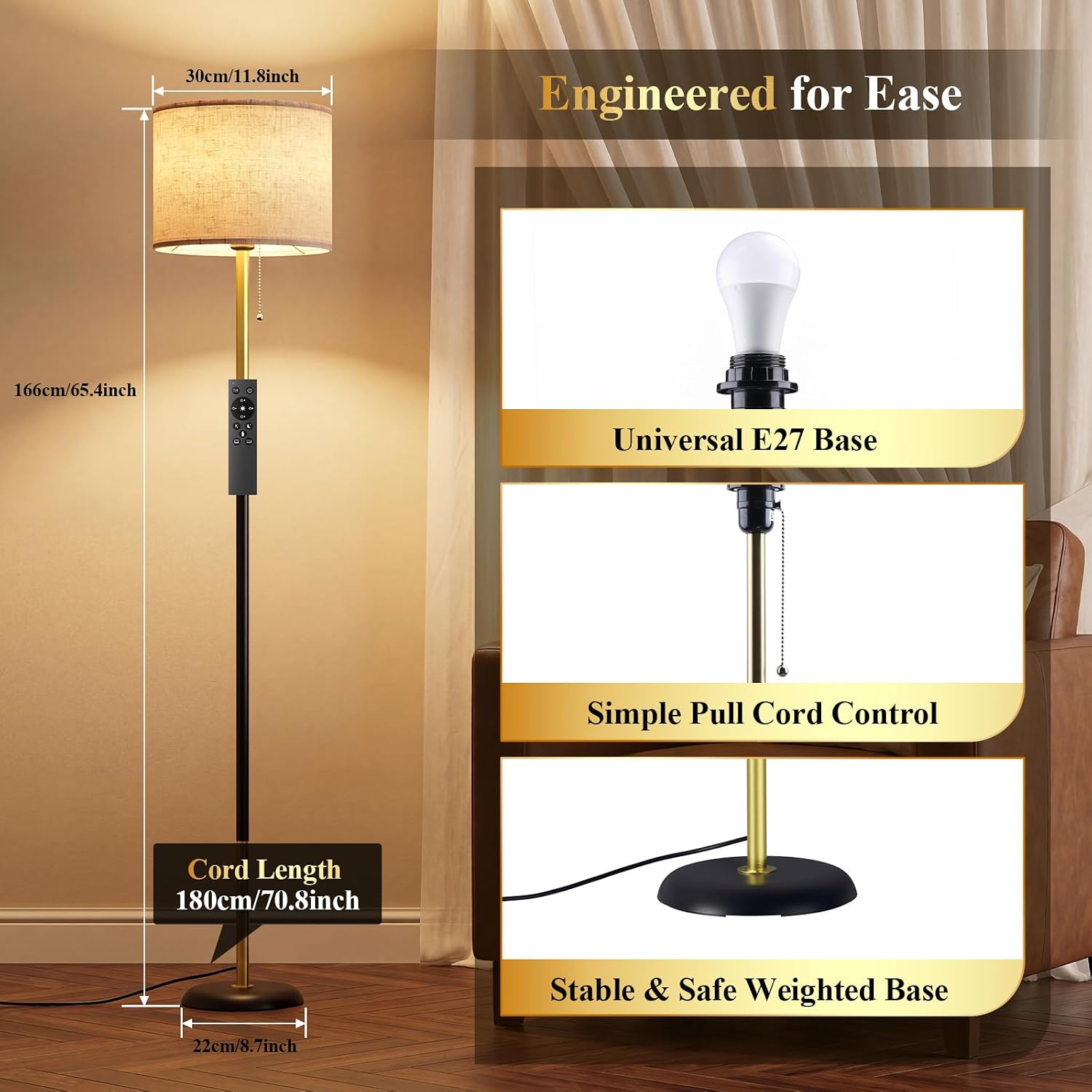 Detalle 2 de Lampadaire LED sur Pied Salon - 12W avec Télécommande, RGB et Cordon Tirette