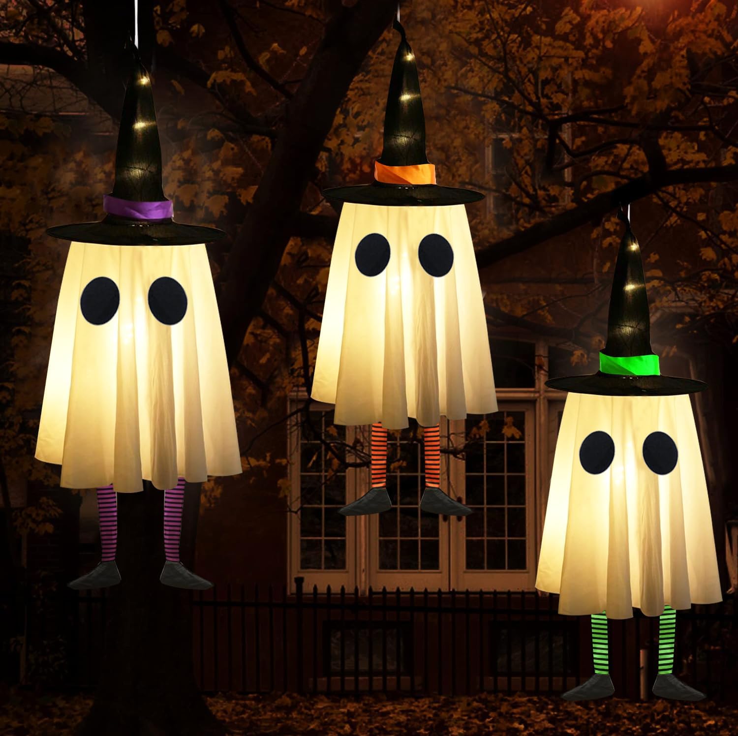Detalle de CYSKXYI ZM-014 Hanging Halloween Ghost Lights, 3-Pack, Warm White LEDs