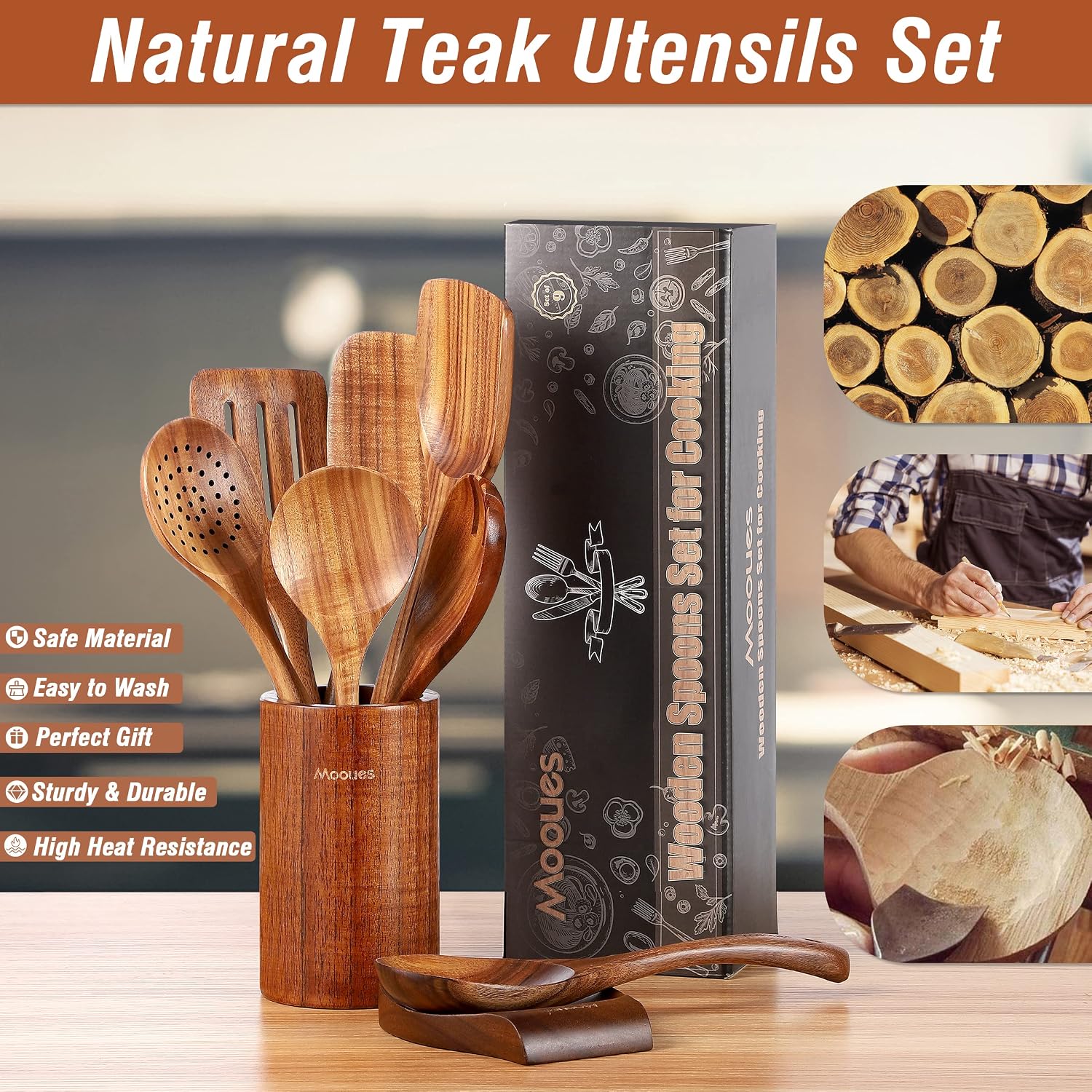 Detalle de Mooues 9-Piece Teak Kitchen Utensil Set 🍽