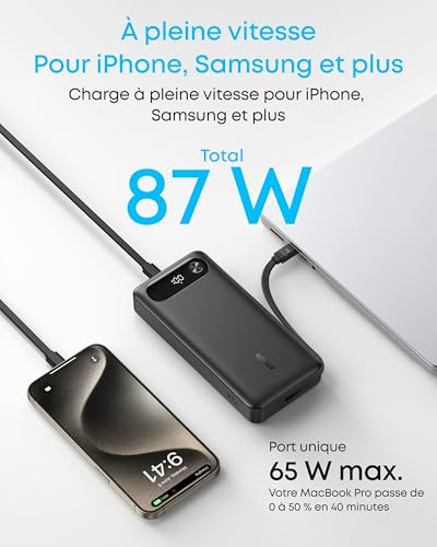 Detalle 2 de Anker 20 000 mAh : batterie externe 87 W avec câble USB-C intégré