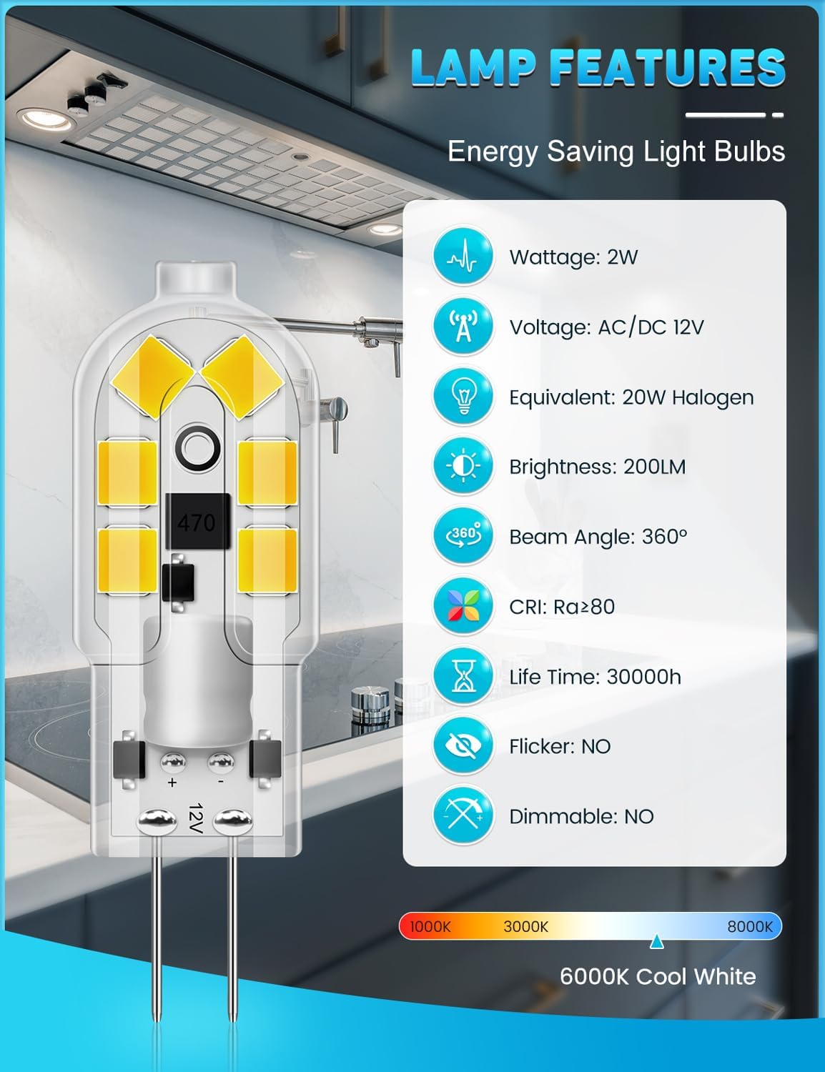 Thumbnail 1 de Wonkelly Ampoule LED G4 2W (équivalent 20W) AC/DC 12V, 6000K, non dimmable, pack de 10