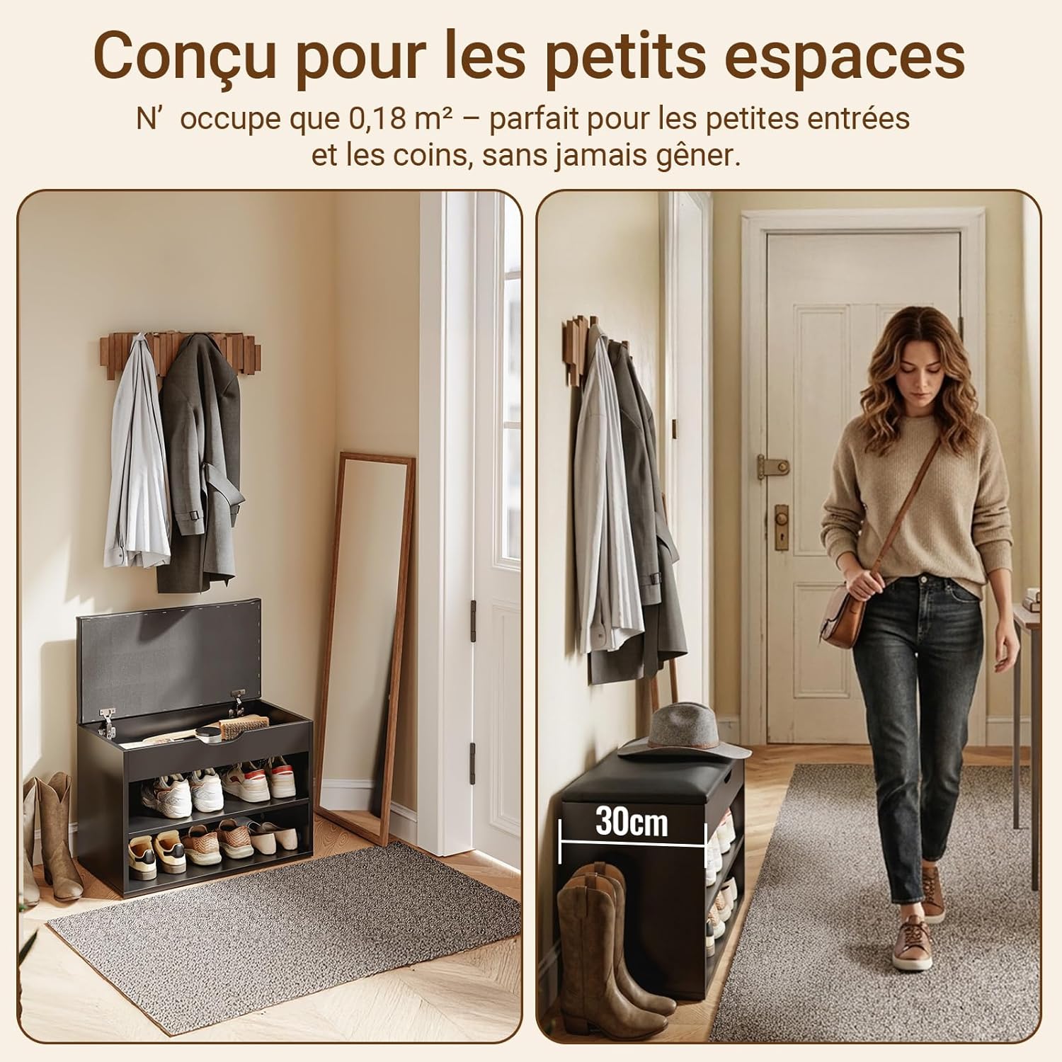 Detalle de SoBuy Banc Chaussures Entrée FSR25-SCH – Banc de rangement 3 en 1, 60 × 30 × 43 cm, noir
