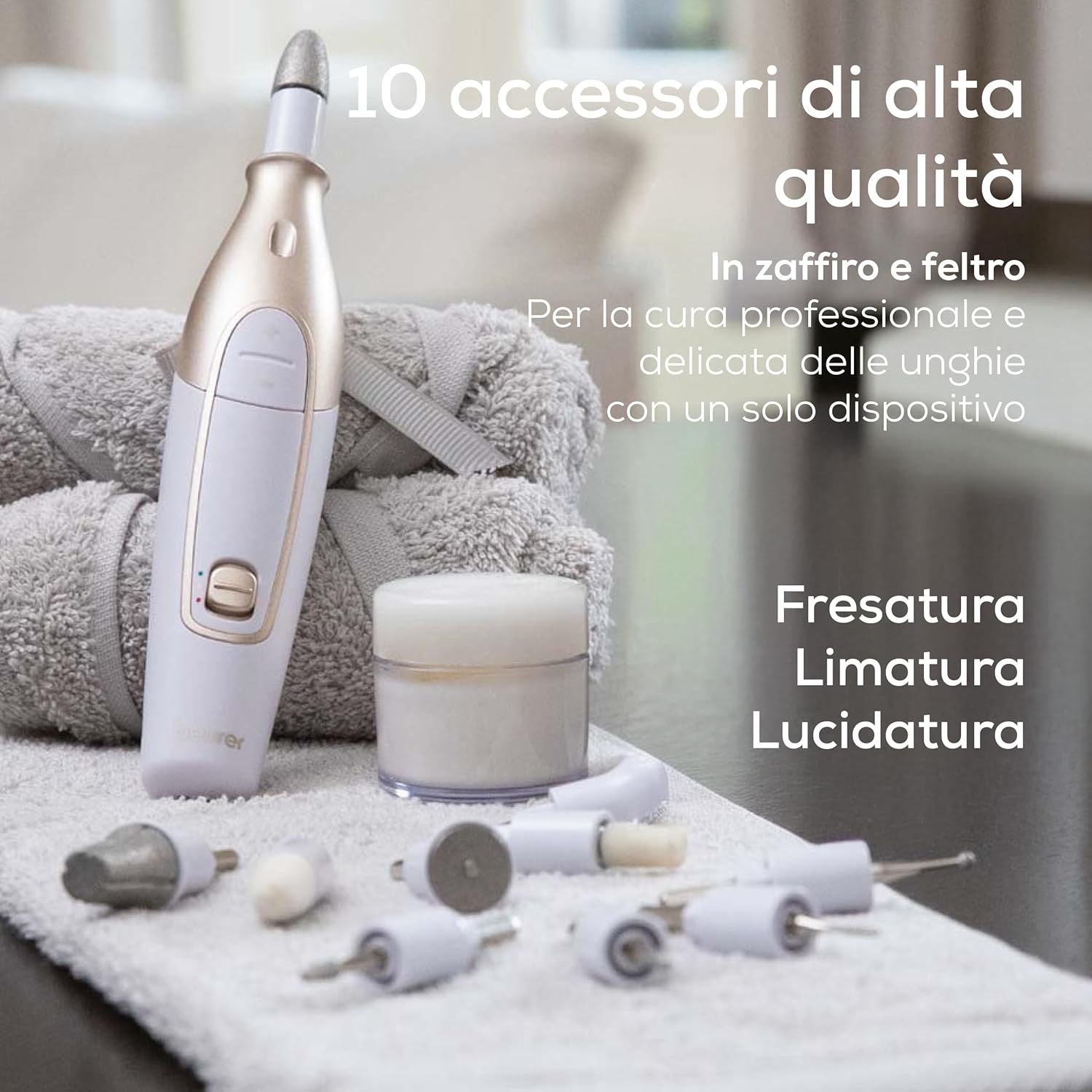 Detalle de Beurer MP 64: fresa professionale per manicure e pedicure, batteria ricaricabile e kit completo